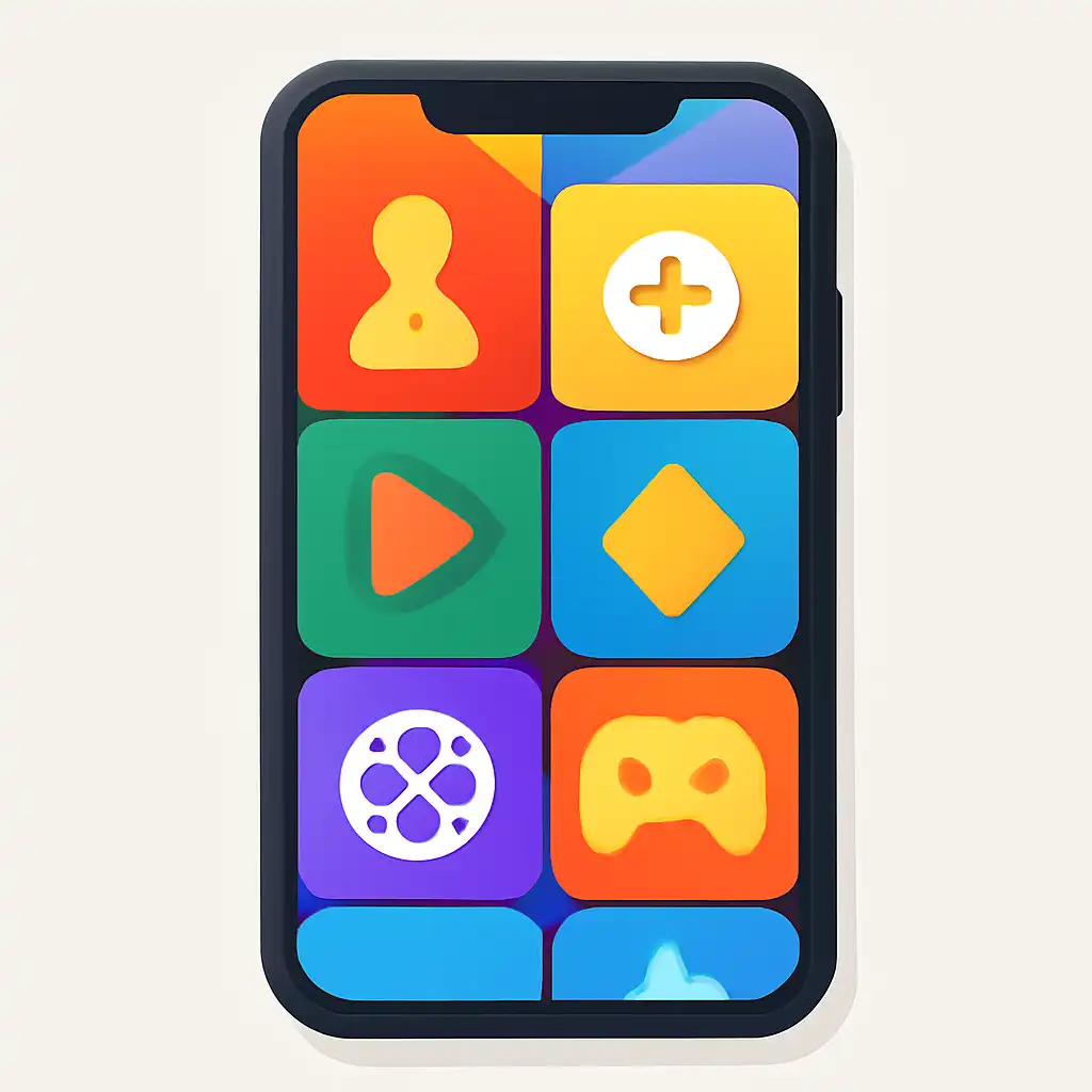 Smartphone shown from the front displaying a colourful flat layout of abstract game icons and rounded tiles (no text, no letters, no labels), Yaar Win