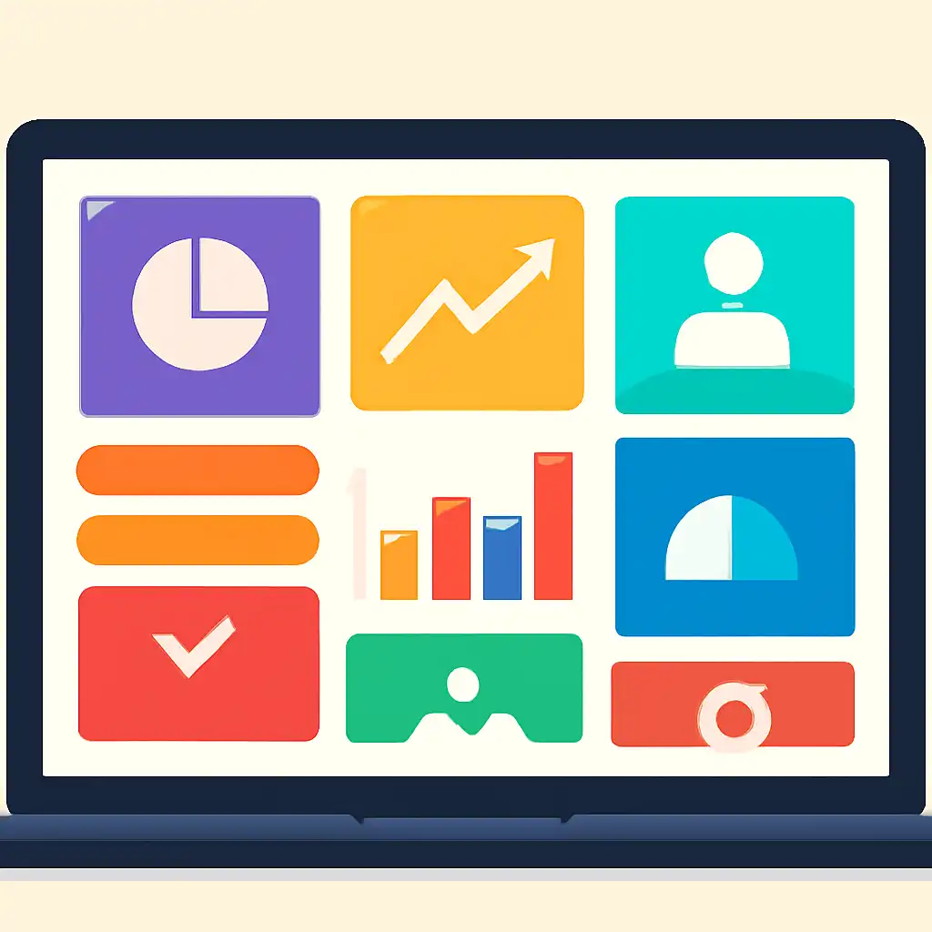 Laptop shown from the front displaying a colourful flat dashboard of abstract charts, bars and icon tiles (no text, no letters, no labels), Yaar Win