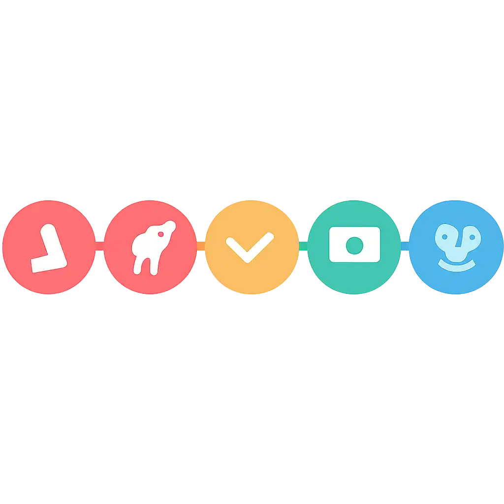 Five numbered circular icons connected by arrows in a horizontal flow, flat illustration, icons only, no words, Yaar Win steps